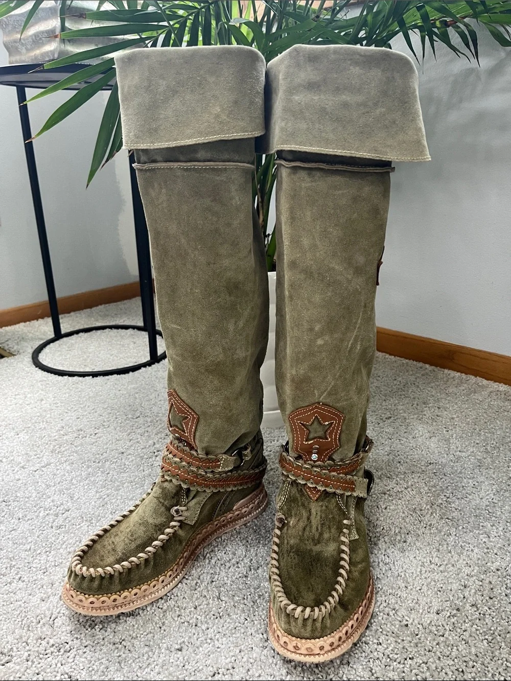 El Vaquero Jager Olive Suede Over-the-Knee Boots braided